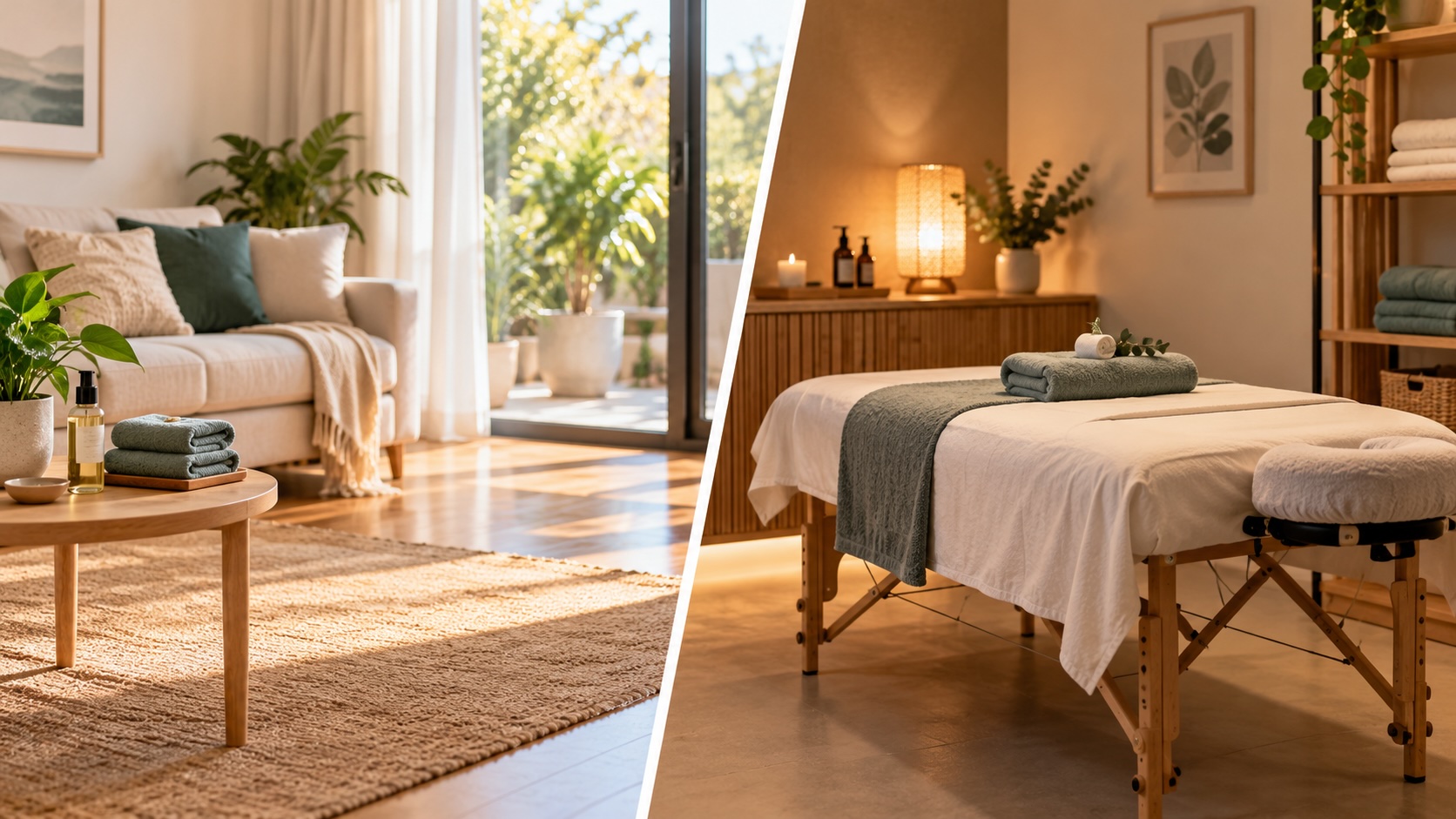 Home setting and massage provider premises illustrating mobile and premises massage options